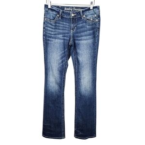 Harley Davidson HD Denim Blue Jeans Crystal Bar And Shield Logo Womens Size 6